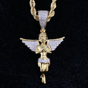 ANGEL PENDANT FULL DIAMONDS cz 18K GOLD CHAI…